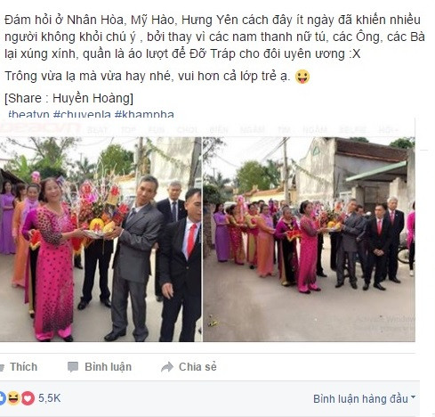 Theo thông tin từ phía thành viên chia sẻ ảnh trên mạng, đám hỏi có đội hình bê tráp toàn các ông, các bà được dân mạng gọi vui là dàn bê "tráp già nhất Vịnh Bắc Bộ" này diễn ra ở Nhân Hòa, Mỹ Hào, Hưng Yên cách đây ít ngày.