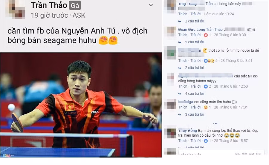 Tay vợt trẻ Nguyễn Anh Tú trở thành người hùng của bóng bàn Việt Nam sau khi xuất sắc thắng cả hai trận đơn và cùng đồng đội đánh bại Singapore 3-1 trong trận chung kết để đoạt HCV nội dung đồng đội nam tại SEA Games 29. Ảnh: Zing/Beat/Facebook nhân vật.