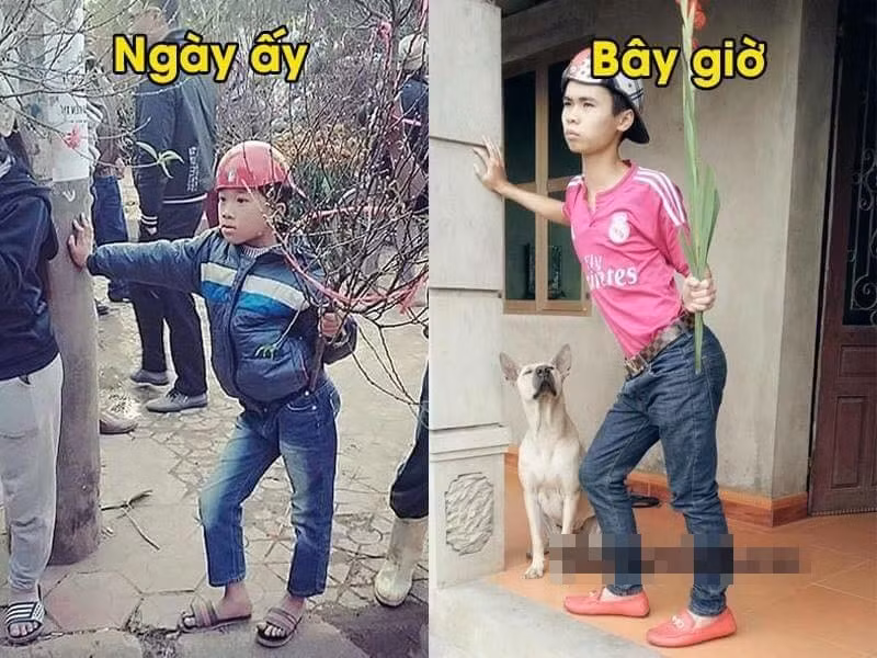 Đủ các phiên bản "dậy thì thành công", "ngày ấy - bây giờ" của cậu bé cầm cành đào được dân mạng chế ra khiến người xem phải "cười lăn cười bò".