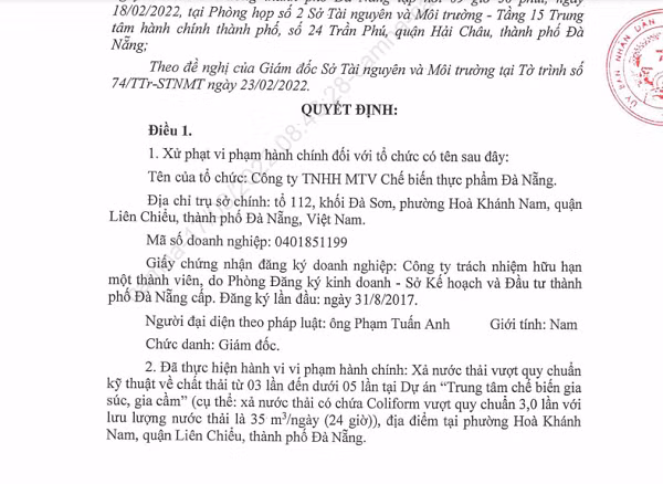 Lat ho so Cty Che bien thuc pham Da Nang xa thai o nhiem moi truong