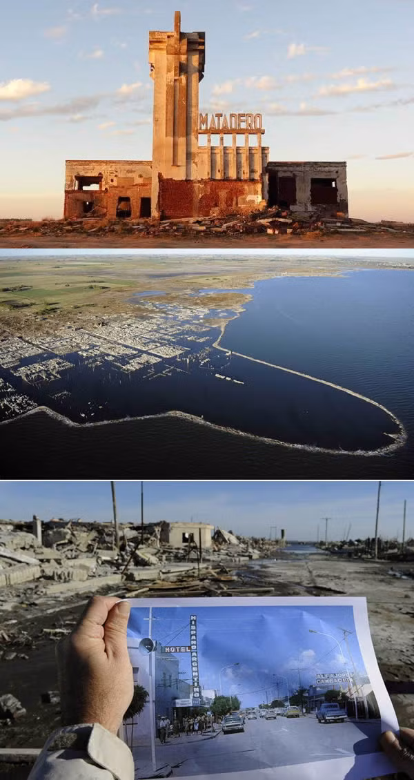  Villa Epecuen, Argentina Những năm 1920, tại Argentina xuất hiện một ngoi làng du lịch có tên Villa Epecuen nằm dọc hồ nước mặn Lago Epecuen - hồ nước có lượng muối đứng thứ hai chỉ sau Biển Chết và cao gấp 10 lần lượng muối trong các đại dương. Năm 1993, một cơn lũ càn quét qua ngôi làng và nhấn chìm toàn bộ ngôi làng trong mực nước sâu 10m. 25 năm sau, khi nước rút, ngôi làng xuất hiện trở lại nhưng chẳng một ai dám về lại nơi đây nữa, ngoại trừ một người đàn ông 81 tuổi có tên Pablo Novak - cư dân duy nhất của ngôi làng. (Nguồn Oddee) 