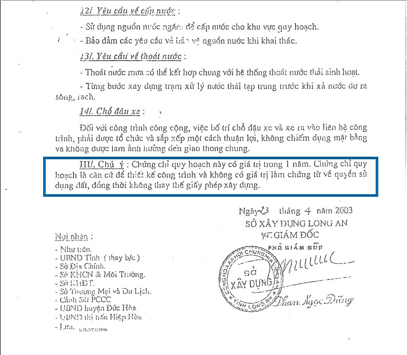 Trong chứng chỉ quy hoạch cấp năm 2003 có ghi rõ giá trị sử dụng trong 1 năm. Ảnh: Đời sống & Pháp lý.