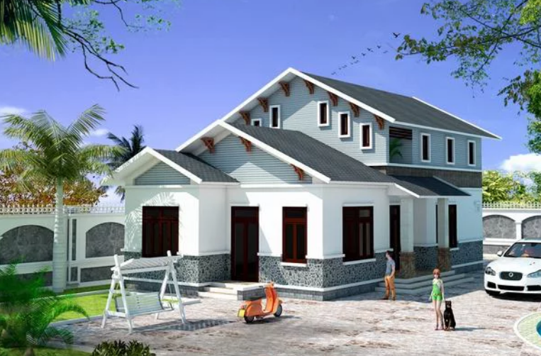 Trên mảnh đất hình vuông, ngôi nhà mái thái mang phong cách biệt thự gồm 5 phòng ngủ. Ảnh: Thietkenhadepmoi.