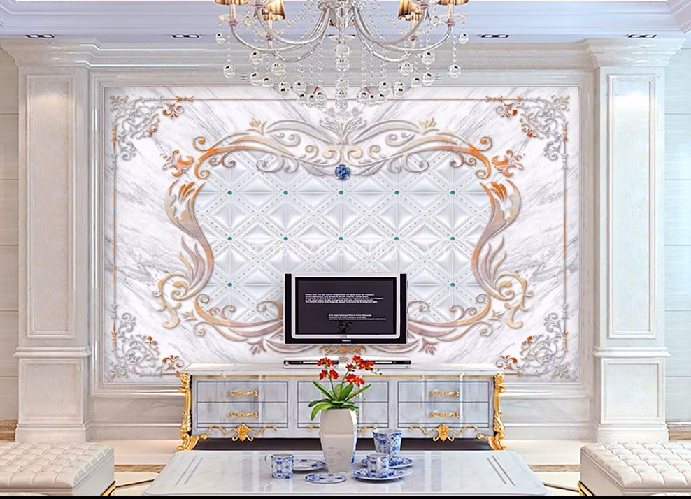 Đường nét vân đá tự nhiên, mềm mại của giấy dán tường giả cẩm thạch tạo cảm giác hài hòa, sang trọng cho không gian phòng khách. Ảnh: Hienanhjsc.