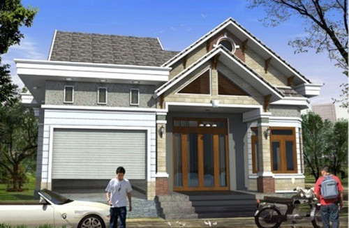 Nhà 1 tầng với xà gồ bằng khung thép lợp mái ngói, một bên được thiết kế cửa chính và 1 bên là cửa sổ của phòng ngủ. Ảnh: Thietkethicongnhadep.