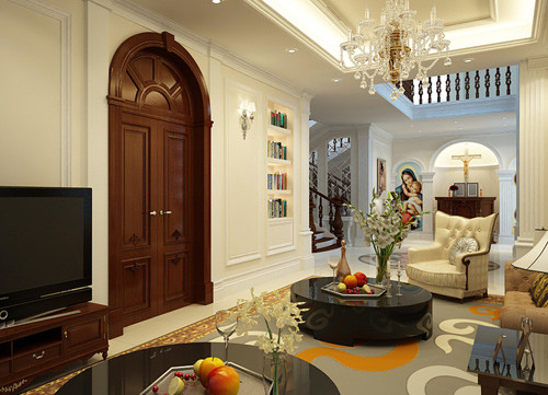 Tầng 1 dành cho các không gian công cộng. Phòng khách mang đậm phong cách cổ điển.