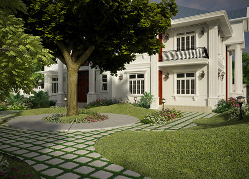 Sân vườn thoáng mát bên trong khuôn viên biệt thự 3 tầng. Nguồn ảnh: Cát Mộc.