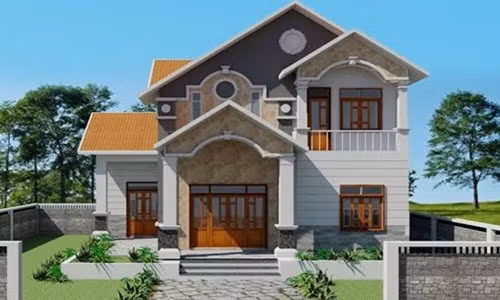 Mẫu nhà 2 tầng mái thái kiểu Pháp 140m2 mang dáng vẻ biệt thự cổ điển Pháp. Ảnh: Kientrucsuvietnam.