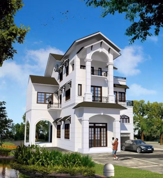  Nhà phố giả biệt thự vườn sử dụng hình khối vuông vức, kết hợp nhiều ô cửa. Ảnh: Xaydungphoviet.