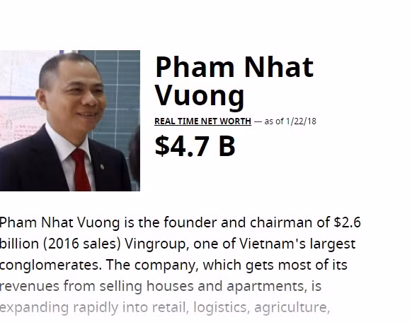 Ông Phạm Nhật Vượng đứng đầu danh sách tỷ phú USD Việt Nam. Ảnh: Forbes.