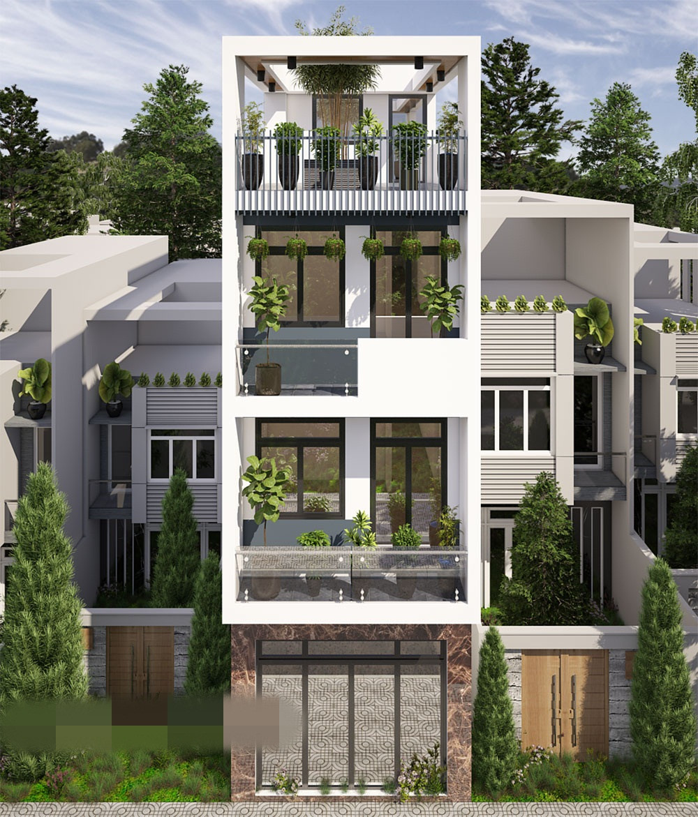 Nhà gồm 1 trệt, 3 tầng sử dụng màu sơn trắng chủ đạo ngoài mặt tiền. Ban công sử dụng lan can kính hiện đại. Ảnh: Phankienphat.