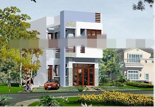 Biệt thự 2 tầng tạo ấn tượng bởi sự thuần khiết từ gam màu nhẹ nhàng. Màu trắng làm nền nổi bật lên tông màu xanh da trời bình yên. Ảnh: Houseland.