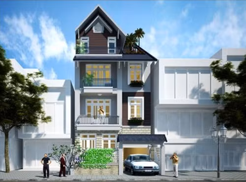 Mẫu nhà 3 tầng mái thái gọn gàng, xinh xắn. Ảnh: Bannhabinhduong.