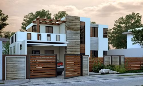 Biệt thự 2 tầng mái bằng sử dụng màu ghi trắng chủ đạo. Các mảng tường được sử dụng gạch ốp lát trang trí. Ảnh: Vtkong