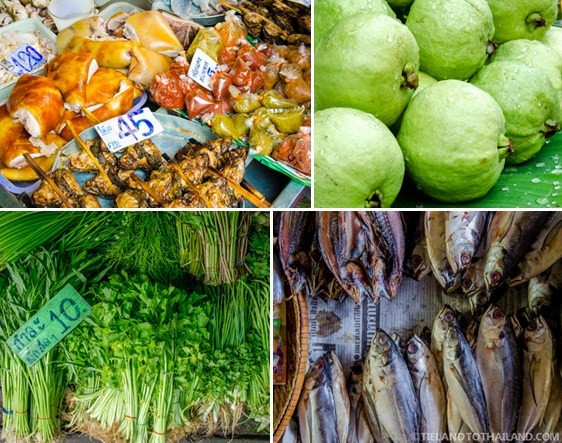 Chợ bán đầy đủ các mặt hàng từ rau, trái cây, thịt, hải sản, quần áo, đồ ăn nhẹ, hoa...