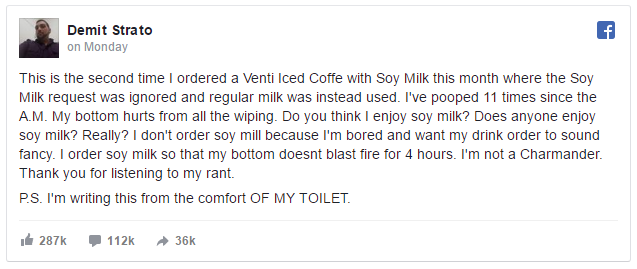 Năm 2017, Starbucks bị tố ngó lơ yêu cầu gọi đồ khiến khách hàng bị tiêu chảy tới 11 lần. Ảnh: Facebook.