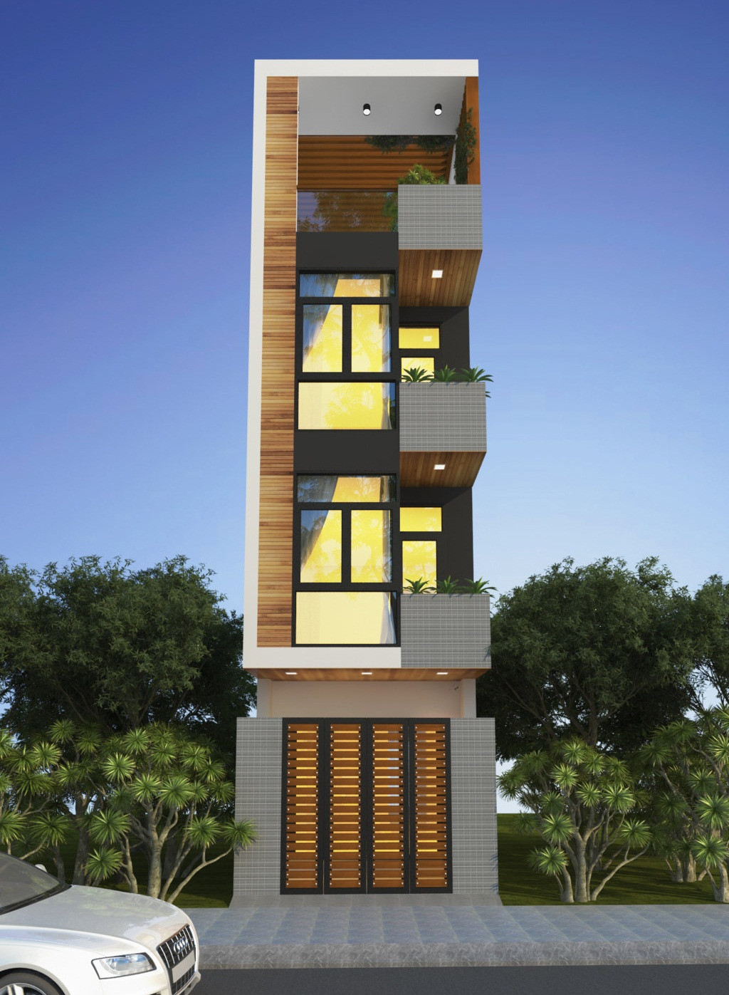  Mẫu nhà ống 3 tầng 50m2 trẻ trung với sự kết hợp của các màu như cam, ngà, trắng, đen. Ảnh: Kientrucmoi.