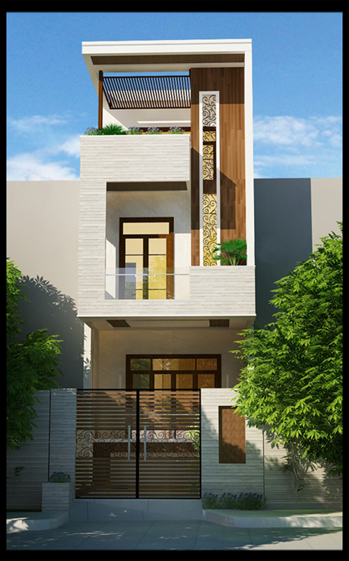 Nhà ống 2 tầng được thiết kế với 2 tông màu sáng, có nơi để xe hơi, cổng nhà bằng sắt thép an toàn. Ảnh: Không gian nhà đẹp 24h.