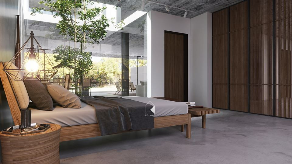 Phòng ngủ của biệt thự hiện đại thiết kế mở.