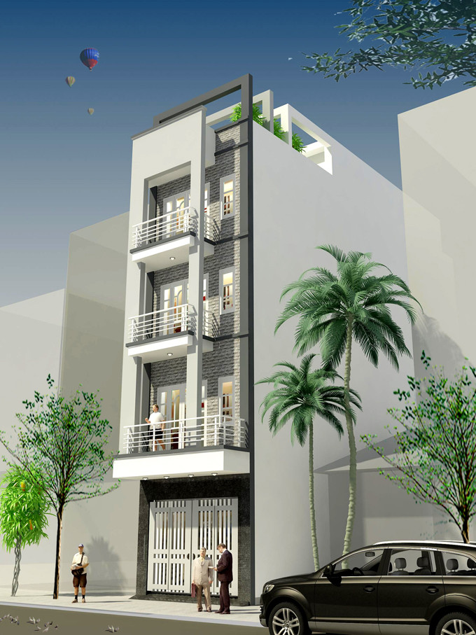 Nhà 5 tầng lệch với kiểu dáng kiến trúc nhà ống hiện đại. Ảnh: Nhadepktv.