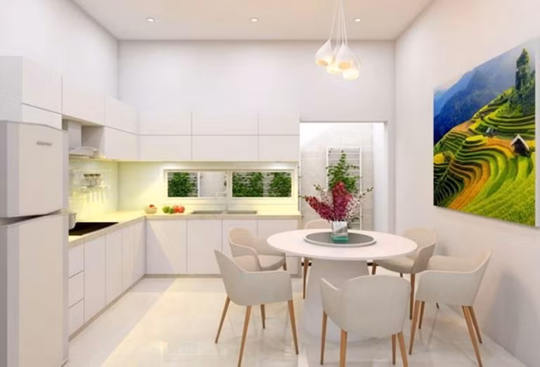 Mẫu thiết kế phòng bếp nhẹ nhàng, đơn giản mà tinh tế.