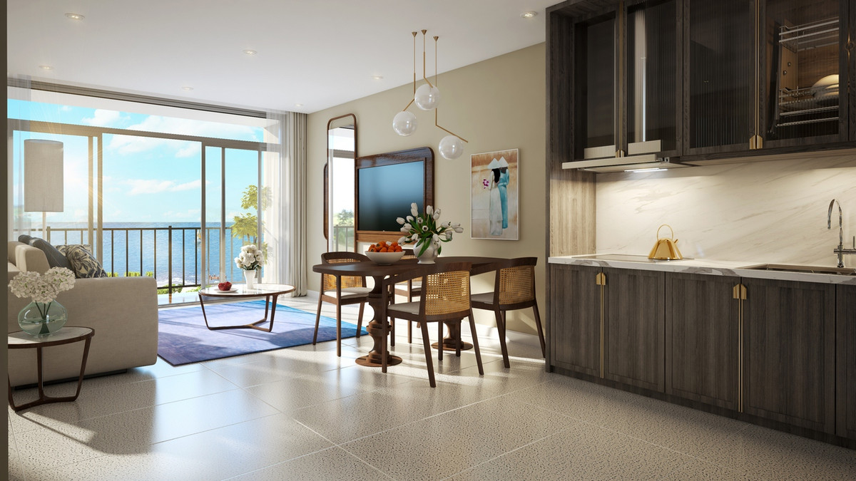 Nhà bếp, phòng ăn và khu vực tiếp khách thông nhau cùng hướng ra khung cảnh thiên nhiên. Ảnh: Homedy.