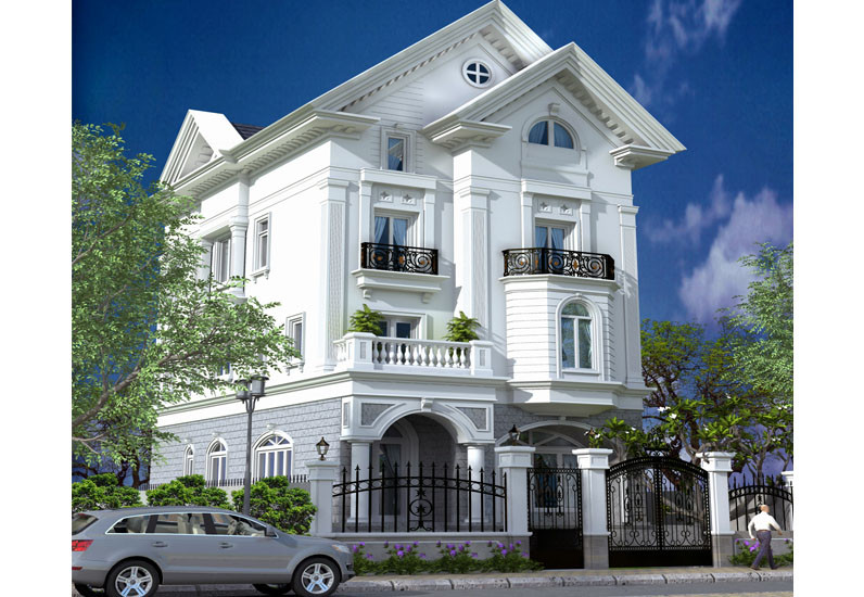 Phần mặt tiền rộng 16m2 cho phép thiết kế nhà phố giả biệt thự kiểu Pháp dàn trải, sáng tạo, chia căn nhà ra làm 2 khối đối xứng nhau. Ảnh: Nhaxinhsaigon.