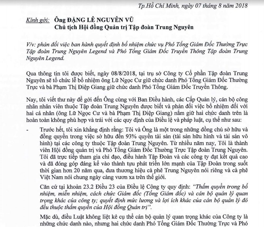 Ba Diep Thao gui thu cho chong cu, phan doi viec bo nhiem o Trung Nguyen