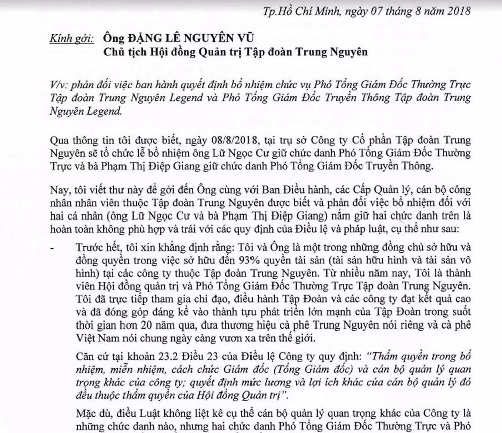 Ba Diep Thao gui thu cho chong cu, phan doi viec bo nhiem o Trung Nguyen