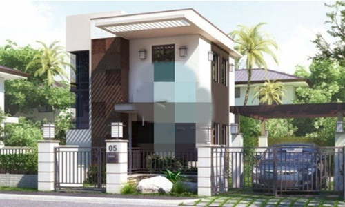 Mẫu nhà 2 tầng mái bằng có mái che vươn rộng ra che nắng cho phía trước. Ảnh: Maunhamoi.