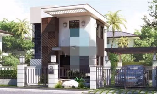 Mẫu nhà 2 tầng mái bằng có mái che vươn rộng ra che nắng cho phía trước. Ảnh: Maunhamoi.