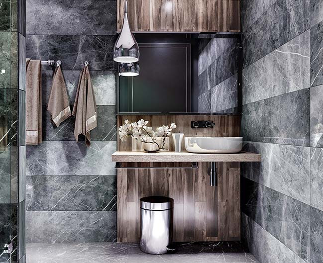 Tủ kệ bằng gỗ tương phản với đá ốp hoa cương giúp phòng tắm vừa có cảm giác sang trọng pha lẫn chút đơn giản mộc mạc xưa cũ. Ảnh: Alonhadat.
