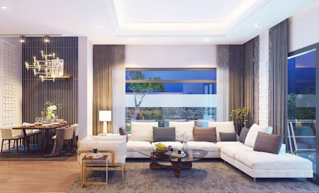 Phòng khách thoáng mát có tầm nhìn lớn hướng ra sân vườn.