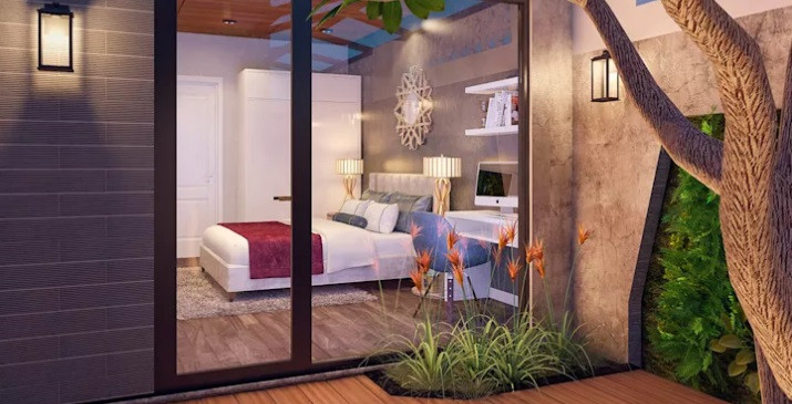 Phòng ngủ thiết kế mở, với tầm nhìn rộng ra bên ngoài.