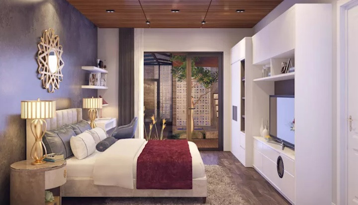 Gam màu trầm nổi bật trên màu trắng chủ đạo mang đến cảm giác ấm cúng và sang trọng.