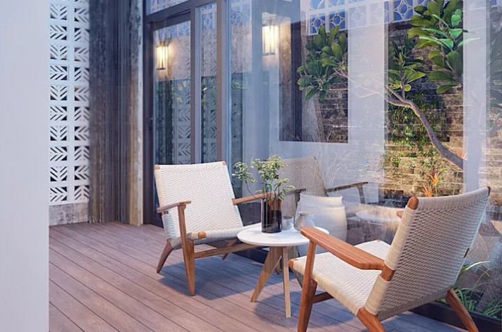 Không gian thư giãn và ngắm cảnh qua ô cửa kính.