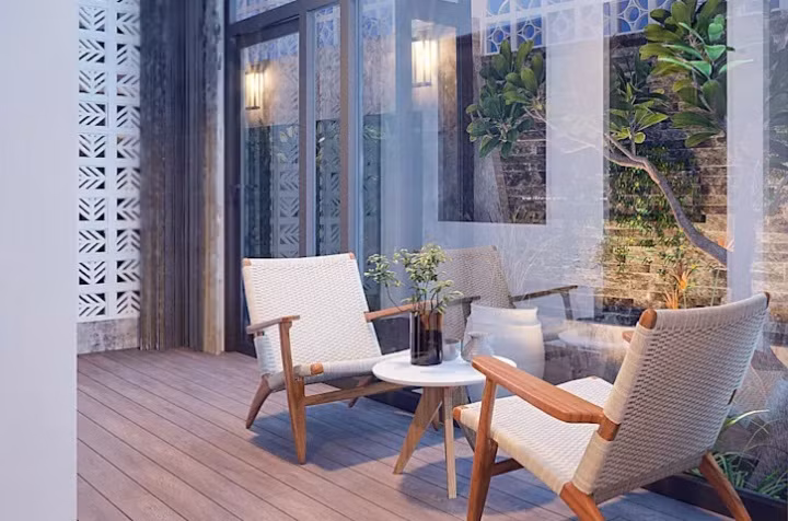 Không gian thư giãn và ngắm cảnh qua ô cửa kính.