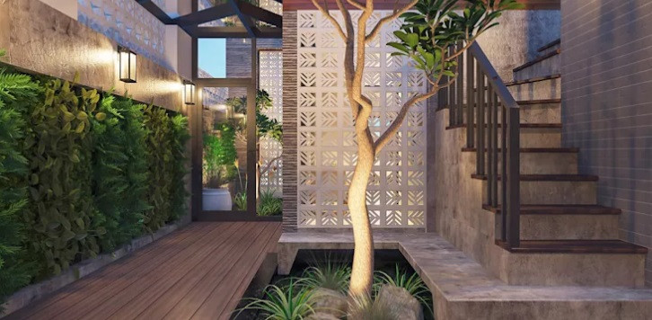 Cây xanh trở thành điểm nhấn trong ngôi biệt thự 1 tầng.