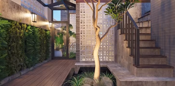 Cây xanh trở thành điểm nhấn trong ngôi biệt thự 1 tầng.