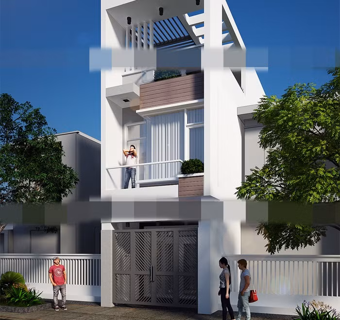  Mẫu nhà phố 2 tầng 1 tum thiết kế hiện đại có gara để xe với mặt tiền 5 mét. Nhà có 3 phòng ngủ mát mẻ với phòng tắm riêng tách biệt. Ảnh: Kienanvinh.