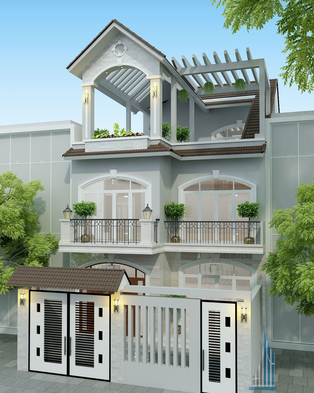 Nhà 3 tầng phong cách bán cổ điển sử dụng tông màu xám nhạt chủ đạo. Các vòm cửa kính hiện đại đan xen giúp ngôi nhà trở nên thanh lịch hơn. Ảnh: Phankienphat.