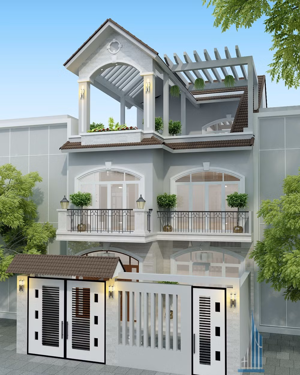 Nhà 3 tầng phong cách bán cổ điển sử dụng tông màu xám nhạt chủ đạo. Các vòm cửa kính hiện đại đan xen giúp ngôi nhà trở nên thanh lịch hơn. Ảnh: Phankienphat.