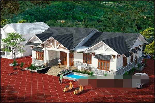 Nhà vườn thiết kế 4 phòng ngủ và 1 phòng thờ mang phong cách hiện đại Á Đông hợp với khu vực xây nhà ở vùng ngoại thành cũng như ở quê. Ảnh: Thietkenhadepmoi.