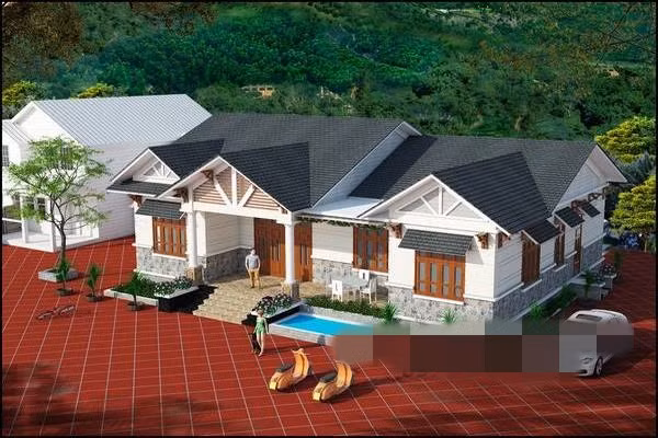 Nhà vườn thiết kế 4 phòng ngủ và 1 phòng thờ mang phong cách hiện đại Á Đông hợp với khu vực xây nhà ở vùng ngoại thành cũng như ở quê. Ảnh: Thietkenhadepmoi.