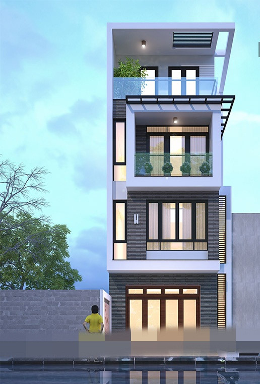 Nhà 4 tầng mái bằng nổi bật với khung cửa nhiều khe thoáng độc đáo đưa ra ngoài. Ảnh: Housevn.