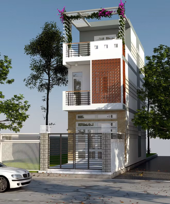  Nhà 4 tầng bố trí tầng một chừa sân trước 5m để trồng cây, sân sau 1m cho nhà thông thoáng. Ảnh: Kienthietviet.