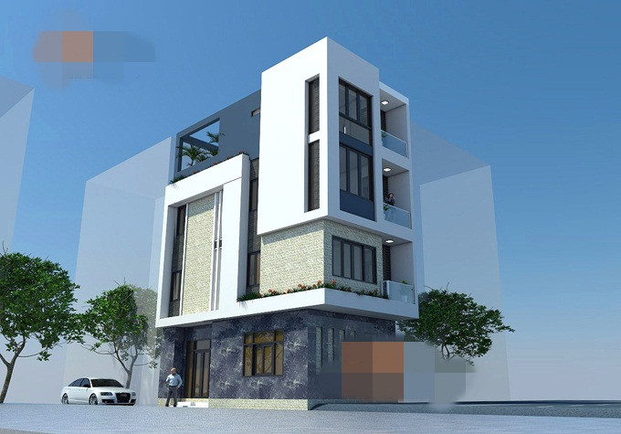 Nhà ống 4 tầng với đường nét khỏe khoắn, các mảng tường lớn phối màu nhịp nhàng, hiện đại. Ảnh: Kientaoviet.