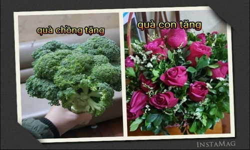 và đây là quà của năm 2018: chồng chị vẫn kiên định tặng hoa súp lơ xanh, còn bó hoa hồng bên cạnh là quà con trai tặng chị.