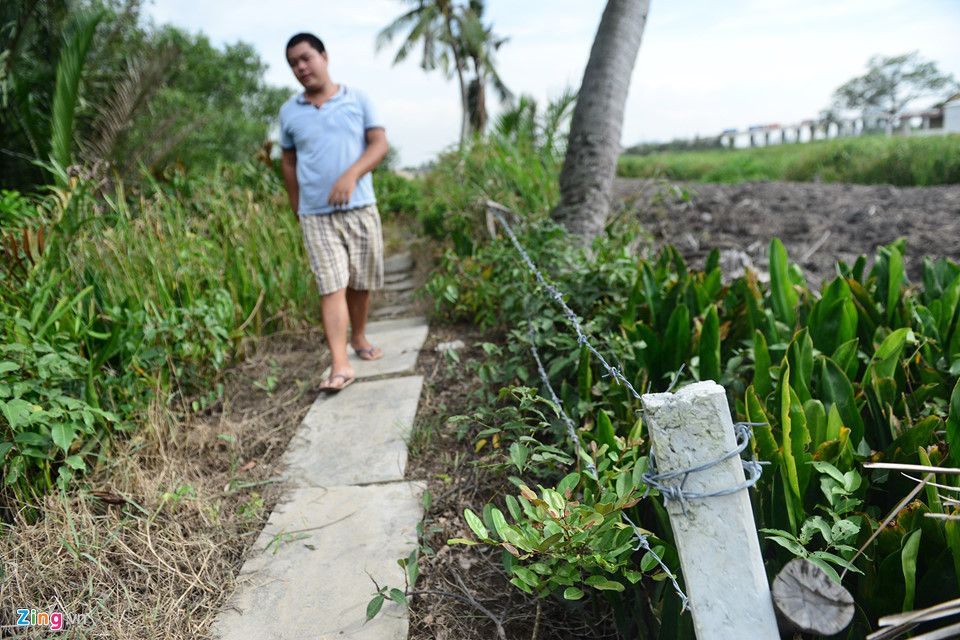 Nằm sâu trong khu vực rừng cây dại là những lô đất của nhiều gia đình chưa chấp nhận giá đền bù. Họ cắm cọc bê tông cùng dây thép gai để phân ranh giới với đất chủ đầu tư đã giải phóng mặt bằng, san nền.