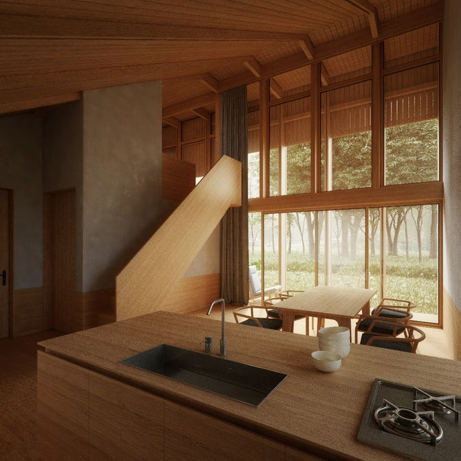 Nhà bếp rộng thoáng hướng ra bên ngoài.